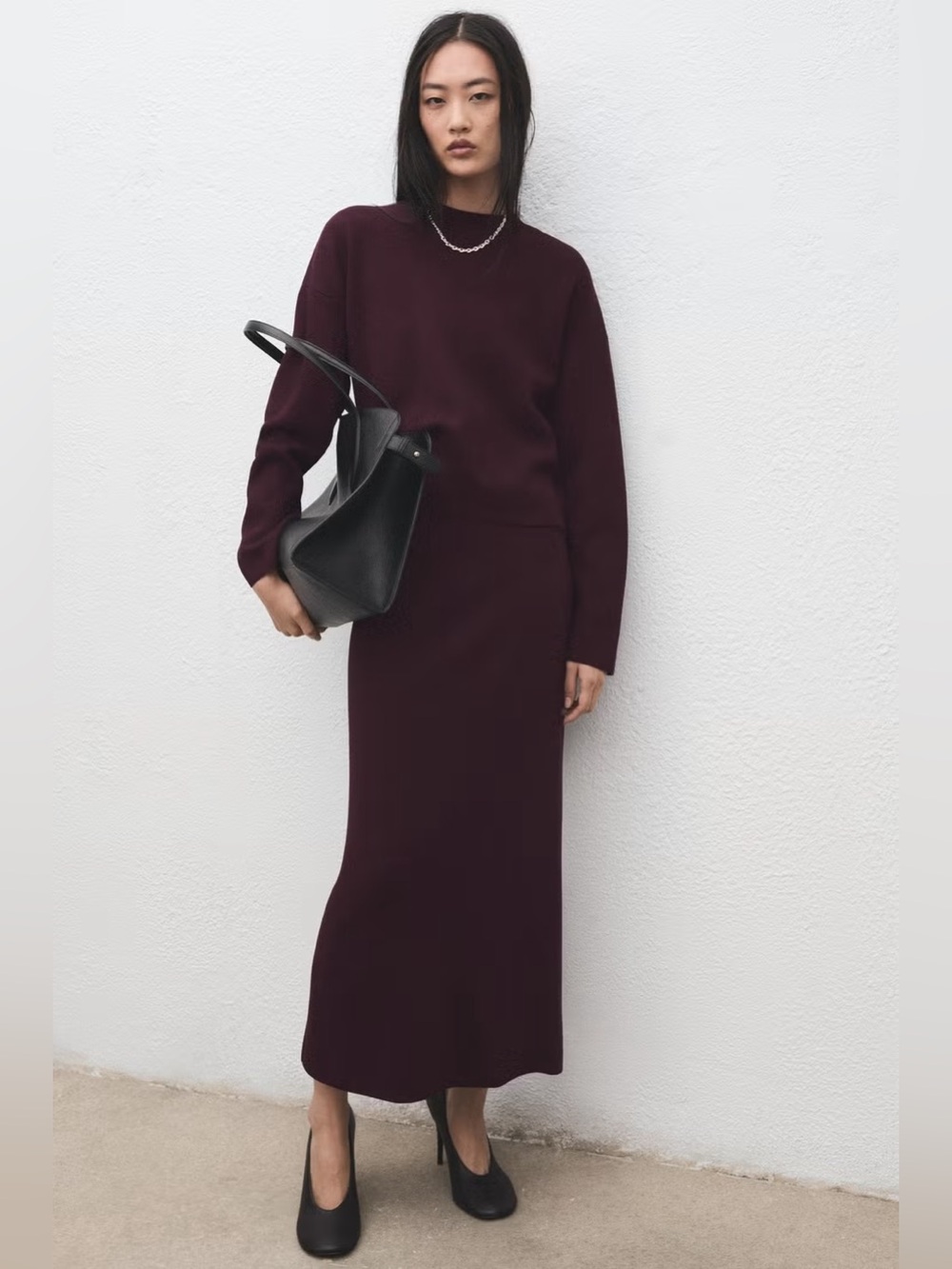 Mango Ribbed Round Knit Sweater & Skirt in Burgundy